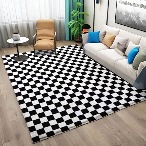 Generic Teppich Wohnzimmer 120x180cm Rechteckig Geometrisches Schwarz Und Weiß Design - Rutschfester Teppich Küche Weich Flauschiger Extra Weich Tepich Modernes Geometrisches Schwarz-Weiß-Schachbrett von Generic