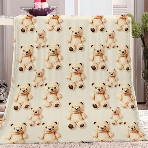 Sherpa Decke Kuscheldecke für Jungen Mädchen Erwachsene Süßer Teddybär Muster 100 x 130 cm Hellgelb Design Dekor Mikrofaser Flanell Fleecedecke Kinderzimmer Bett Decken von Generic