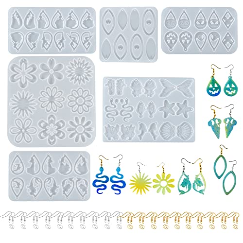 Yayatty Earring Epoxy Resin Silicone Molds, 6 PCS Resin Earring Molds Halloween Flowers Sea Animals Earring Resin Molds with Ear Hooks, Jump Rings for DIY Earrings, Resin Crafts DIY von Generic