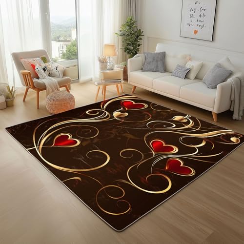 Geometrie Gestreiftes Herz Teppich Wohnzimmer 140x200cm, Flauschiger Kurzflor Teppich Waschbarer Moderner Teppiche Schwarz Goldenes Herz rutschfest Teppiche für Esszimmer Küchen Schlafzimmer von Generic