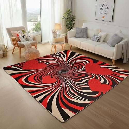 Geometrie Wirbelstreifen In Rot Teppich Läufer 160x230cm – Abstrakt Herzgeometrie Kurzflor Waschbar Teppich, Pflegeleicht, Extra Weich – Für Flur, Küche, Schlafzimmer Teppiche von Generic
