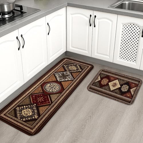 Geometrische Küchenmatten für Boden, Erdtöne, klassisch, Vintage, weich, gepolstert, bequem, waschbar, rutschfest, Dekor-Teppiche für Küchenspüle, Waschküche, Badezimmer, 40,6 x 61 cm von Generic