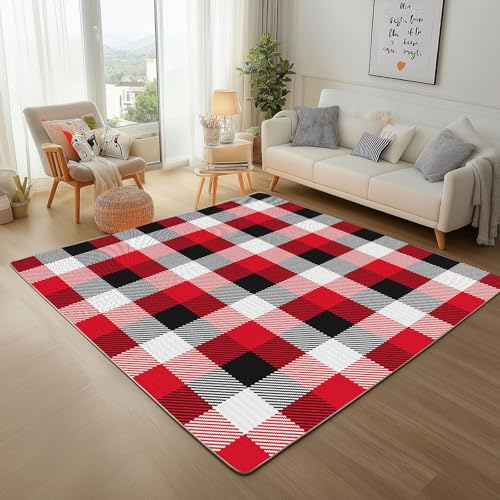 Geometrische Streifen Plaid Teppich Wohnzimmer Teppisch 160x230cm Waschbar Kurzflor Weich rutschfest Teppich, Moderner Rotes Geometrie Karomuster Teppiche für Schlafzimmer Kinderzimmer Büro Esszimmer von Generic