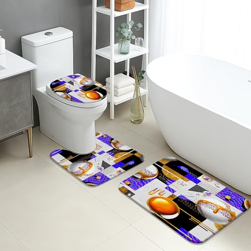 Geometrisches Badezimmermatten-Set, 3-teilig, modern, abstrakt, bunt, rutschfest, U-förmig, waschbar, flippige Kunst, schnell trocknend, Flanell-Badezimmerteppich-Set von Generic