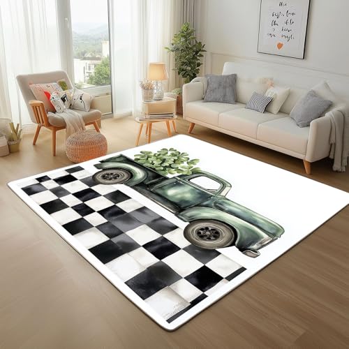 Geometrisches Karo-Auto Teppich Läufer 140x200cm – Glücksklee-Truck Kurzflor Waschbar Teppich, Pflegeleicht, Extra Weich – Für Flur, Küche, Schlafzimmer Teppiche von Generic