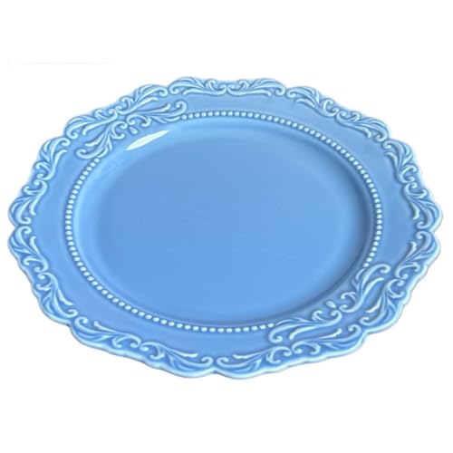 Geprägte Dessertteller Keramik Western Kuchen Pasta Salat Abendessen Haushalt Snack Frühstück Schalen Vogelnest Obst Creme Salate Suppen Snacks (10,6-Zoll-Flachplatte,Blau) von Generic