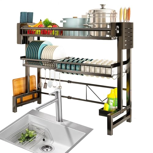 Geschirrregale – Küchentheke, 2-Tritter Flachabfluss | Einziehbare Struktur, Brunnenschacht Rack, Küchenspüle verstellbar im Haushalt, spart Trocknen von Generic