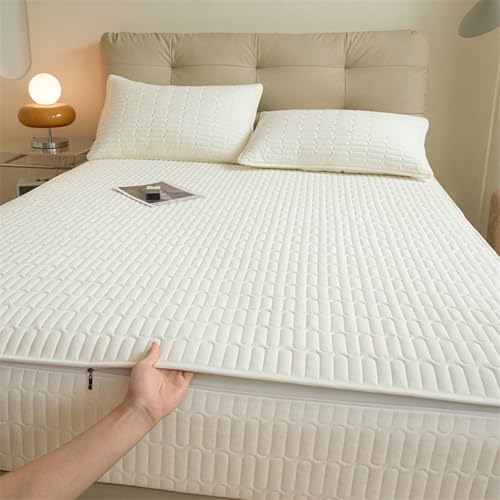 Gesteppter, waschbarer Matratzenbezug mit Reißverschluss, anpassbare Größe, feuchtigkeitsbeständig und waschbar, atmungsaktiver und weicher Matratzenschoner-White- 160x200+18cm von Generic
