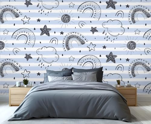 Gestreifte Tapete Handgemalte Wolken Wandbilder für Schlafzimmer Sterne Tapete für Wohnzimmer Sonne Wandpapier Dekor Wandbild Kinderzimmer 300 X 210 cm Gestreifte Tapete Handgemalte Wolken Wandbilder für Schlafzimmer Sterne Tapete für Wohnzimmer Sonne Wandpapier Dekor Wandbild Kinderzimmer 300 X 210 cm von Generic