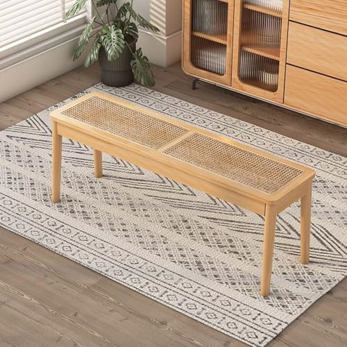 Gewebte Rattan-Eingangsbank, Bauernhaus-Holzbank, Rustikale Esszimmerbank Aus Massivholz, 2 Personen, Rechteckige Bank for Wohnzimmer, Schlafzimmer, Esszimmer(Wood B,100x28x45cm) von Generic