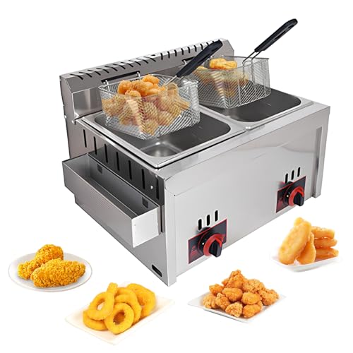 Gewerbliche Fritteuse Edelstahl - 10L + 10L Dual-Tank-Flüssiggas mit einstellbarer Feuerkraft und Temperaturregelung - Multifunktionales Küchengerät auf der Arbeitsplatte von Generic
