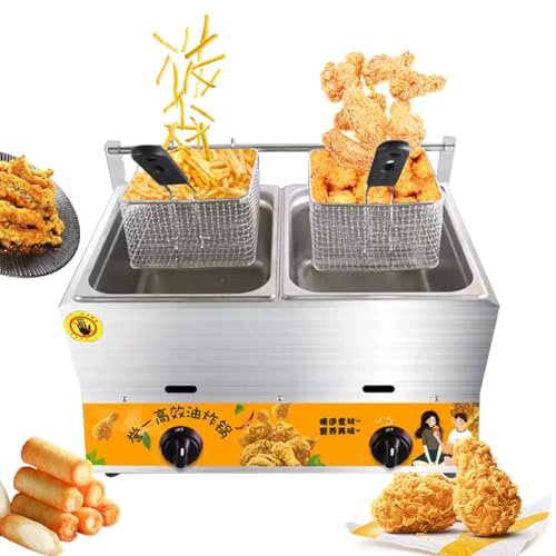 Gewerbliche Fritteuse Gas 10L + 10L Große Kapazität Dual Mit Körben Und Deckel Edelstahl Arbeitsplattenfett von Generic