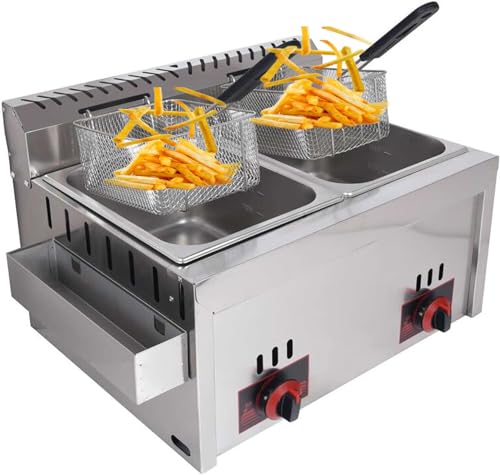 Gewerbliche Fritteuse Lpg Gas Edelstahl Arbeitsplatte - 10L * 2, für Pommes Frites Restaurant Home Kitchen - mit Korb von Generic