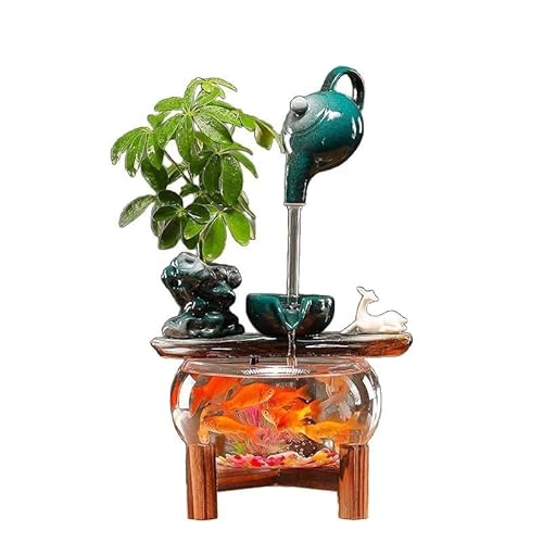 Glas-Fischglas-Brunnen mit LED, Wasserfluss und Keramikornament, Feng Shui Desktop Aquarium mit Pflanztopf für Zuhause/Büro Dekor Glas-Fischglas-Brunnen mit LED, Wasserfluss und Keramikornament, Feng Shui Desktop Aquarium mit Pflanztopf für Zuhause/Büro Dekor von Generic