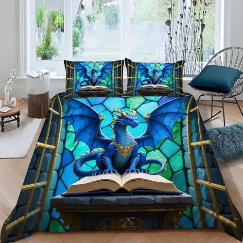 Glasmalerei 3D Effekt Bettbezug 145x200 cm Fantasie-Drache 3Er Set Bettbezige für Kinderbetten Bettbezuge Set Weich Mikrofaser Bettwäsche mit Reißverschluss und 2 Kissenbezug (Dx10943) von Generic