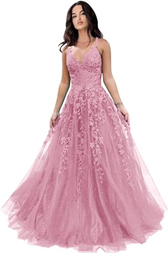 Glitzer Tüll Ballkleider Frauen Spitze Applikationen Lange Ballkleider Mit Spaghettiträgern A-Linie Abendkleider, Dusty Pink, 8 von Generic