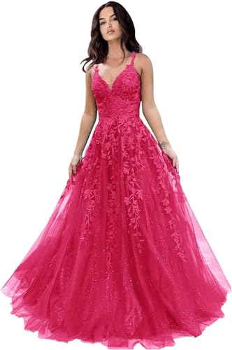 Glitzer Tüll Ballkleider Frauen Spitze Applikationen Lange Ballkleider Mit Spaghettiträgern A-Linie Abendkleider, Rose Red, 18 Plus Glitzer Tüll Ballkleider Frauen Spitze Applikationen Lange Ballkleider Mit Spaghettiträgern A-Linie Abendkleider, Rose Red, 18 Plus von Generic