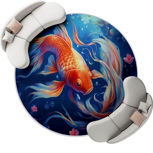 Gold Blau Runder Teppich 200 cm Waschbar Kurzflor Weich Teppiche, Fantasie Karpfen Blumen Meer Druckmotive Teppich Faltbar rutschfest Schlafzimmer Kinderzimmer Wohnzimmer Studie Heimbüro von Generic