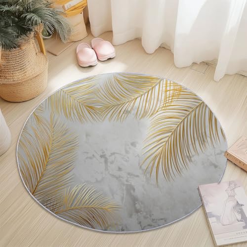 Gold Creme Rund Teppich Wohnzimmer, Modern Marmor Palmblätter, 60 cm Weich Kurzflor Teppich Waschbarer rutschfest Teppiche für Esszimmer Küchen Schlafzimmer Studie Heimbüro von Generic