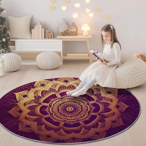 Gold Lila Runder Teppich 160 cm Waschbar Kurzflor Weich Teppiche, Traditionell Pflanzen Mandala Blumen Druckmotive Teppich Faltbar rutschfest Schlafzimmer Kinderzimmer Wohnzimmer Studie Heimbüro Gold Lila Runder Teppich 160 cm Waschbar Kurzflor Weich Teppiche, Traditionell Pflanzen Mandala Blumen Druckmotive Teppich Faltbar rutschfest Schlafzimmer Kinderzimmer Wohnzimmer Studie Heimbüro von Generic