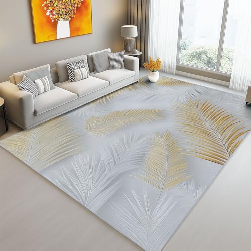 Gold Teppich Wohnzimmer 80 x 150 cm, Waschbar Kurzflor Pflegeleicht Schlicht Luxuriös Linien Pflanzen Blätter Flanell Bedruckter Teppich Geeignet für Schlafzimmer Küche und Esszimmer von Generic
