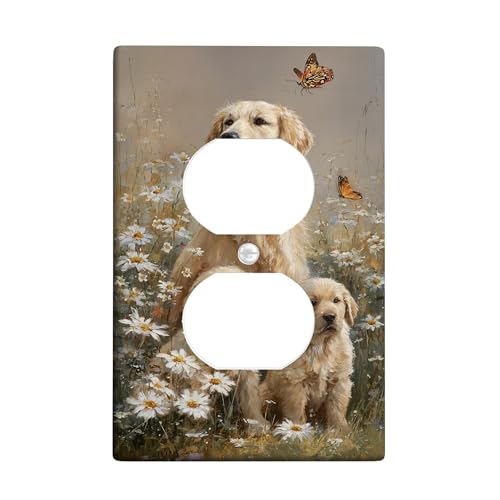 Golden Retriever Lichtschalter-Abdeckplatte/Steckdosenabdeckungen, Blumen-Design mit Schmetterlingen für Frühlingsdekor, Thermoplastische Wandplatten, Standardgröße, Einzel-Duplex-Steckdose von Generic