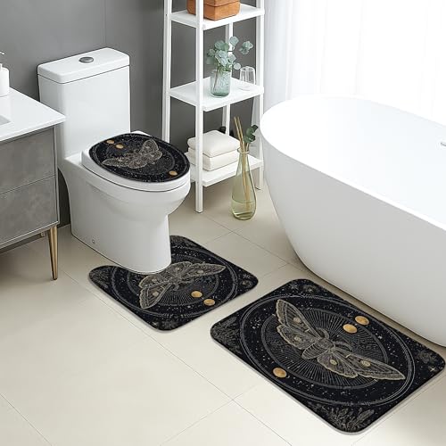 Gotisches Badezimmermatten-Set, 3-teilig, schwarzes Mottenmuster, saugfähig, rutschfest, WC-Vorleger, U-förmig, waschbar, dunkel, ästhetisch, schnell trocknend, Flanell-Badezimmerteppich-Set Gotisches Badezimmermatten-Set, 3-teilig, schwarzes Mottenmuster, saugfähig, rutschfest, WC-Vorleger, U-förmig, waschbar, dunkel, ästhetisch, schnell trocknend, Flanell-Badezimmerteppich-Set von Generic