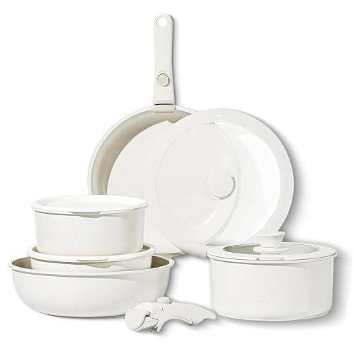 Gourmetific Cookware Set Removable Handle, Non-Stick Ceramic Coating Oven Safe, Easily Clean for Kitchen (11pcs,White) von Generic