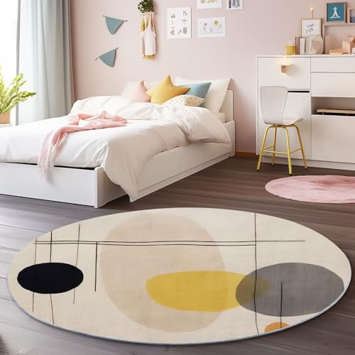 Grau Hellgelb Runder Teppich 100 cm, Weich Kurzflor Rutschfester Handbemalt Kreis Oval Bedruckter Waschbar Runder Teppich - für Schlafzimmer Flur Wohnzimmer Couchtisch von Generic