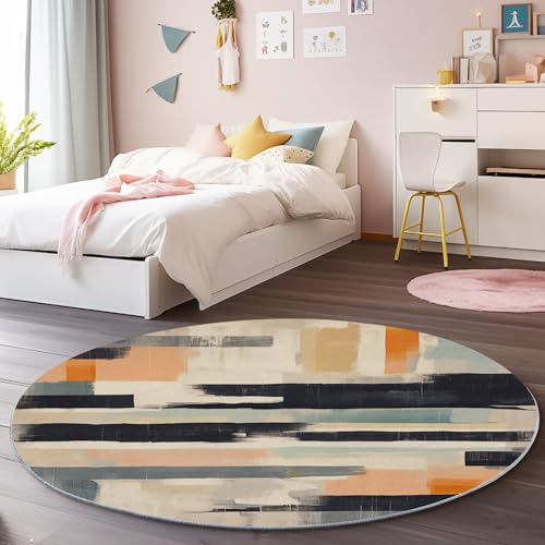 Grau Orange Runder Teppich 150 cm, Weich Kurzflor Rutschfester Moderne Abstrakte Horizontale Linien Bedruckter Waschbar Runder Teppich - für Schlafzimmer Flur Wohnzimmer Couchtisch von Generic