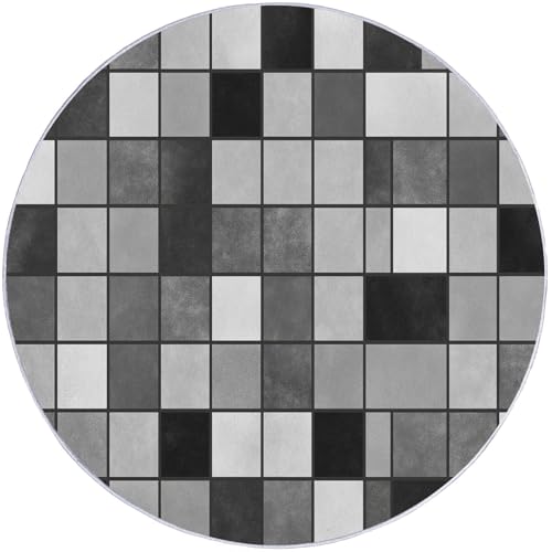 Grau Weiß Rund Teppich Wohnzimmer, Traditionell Geometrisch Quadratisch, 90 cm Weich Kurzflor Teppich Waschbarer Teppiche rutschfest Teppiche für Esszimmer Küchen Schlafzimmer Studie Heimbüro von Generic