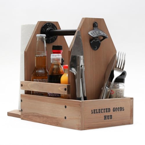 Grill-Caddy-Organizer aus Holz, vielseitiger Grill-Caddy für Outdoor-Grill, tragbarer, rustikaler Gewürz- und Papierhandtuchhalter aus Holz mit Flaschenöffner für Picknick und Grillen von Generic