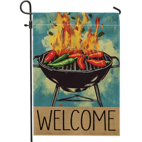 Grill-Gartenflagge, würziges Chili-Grillfeuer, Retro-Willkommensbanner, doppelseitige Jute-Hofflagge, Sommerparty, Rasendekoration, 30,5 x 45,7 cm Grill-Gartenflagge, würziges Chili-Grillfeuer, Retro-Willkommensbanner, doppelseitige Jute-Hofflagge, Sommerparty, Rasendekoration, 30,5 x 45,7 cm von Generic