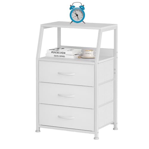 Große Kommode mit Holz Top & Stahlrahmen, vertikaler Aufbewahrungsturm für Schlafzimmer, Flur oder Schrank Organizer, weißer Nachttischbetttisch weiß 3-Layer von Generic