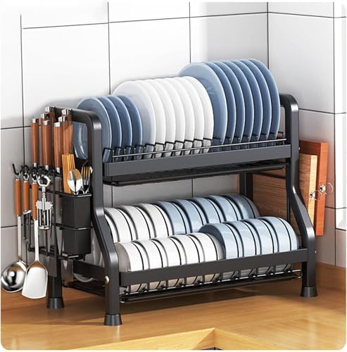 Großer Geschirrtrockner Mit Abtropffläche - Geschirrkorb Für Küchentheke - Geschirrabtropf-Organizer Mit Utensilienhalter-Set, Black, 53x26x41cm von Generic