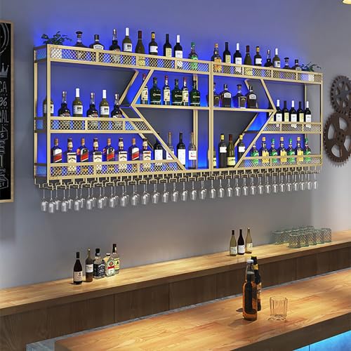Großes wandmontiertes Weinregal, Bareinheit schwebende Regale mit LED-Licht Eisenständer Weinhalter, große Kapazität Weinregale aus Metall, Spirituosenflaschenregal, hängendes Kelchregal, Go Großes wandmontiertes Weinregal, Bareinheit schwebende Regale mit LED-Licht Eisenständer Weinhalter, große Kapazität Weinregale aus Metall, Spirituosenflaschenregal, hängendes Kelchregal, Go von Generic