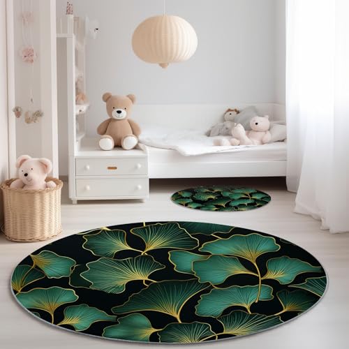 Grün Gold Teppich Rund 160 cm, Waschbare Kurzflor Einfachheit Pflanzen Ginkgoblätter Bedruckter Pflegeleicht Teppiche - rutschfest Teppich Rund für Schlafzimmer Wohnzimmer von Generic