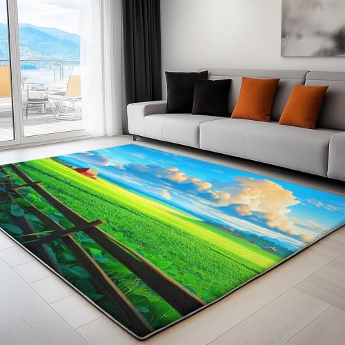 Grün Kurzflor Teppich, Anti-Rutsch-Unterseite, Waschbare Teppiche 140 x 200 cm, Grasland Natur Blauer Himmel Gedrucktes Muster Wurfteppich für Wohnzimmer und Schlafzimmer Grün Kurzflor Teppich, Anti-Rutsch-Unterseite, Waschbare Teppiche 140 x 200 cm, Grasland Natur Blauer Himmel Gedrucktes Muster Wurfteppich für Wohnzimmer und Schlafzimmer von Generic