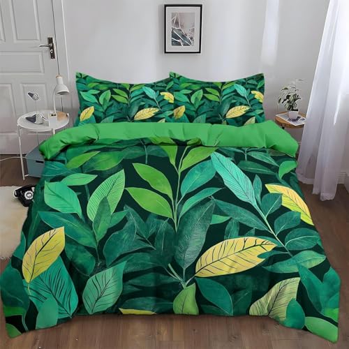 Grüne Blätter Bettwäsche 200x220 Grün Bettwäsche Set, 3D Bettbezug Set Weich Microfaser Bettbezüge 3 Teilig Pflanze Wendebettwäsche für Doppelbett, mit 2 Kissenbezüge b2027 von Generic