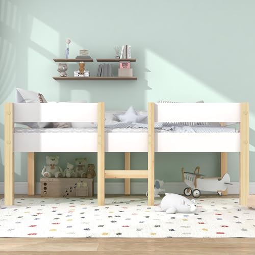 Halbhohes Bett mit Rausfallschutz und Leiter, Massivholz Kiefer, Skandinavisches Design, Weiß lackiert, Stauraummöglichkeit unter dem Bett, Robustes Einzelbett für Schlafzimmer Halbhohes Bett mit Rausfallschutz und Leiter, Massivholz Kiefer, Skandinavisches Design, Weiß lackiert, Stauraummöglichkeit unter dem Bett, Robustes Einzelbett für Schlafzimmer von Generic