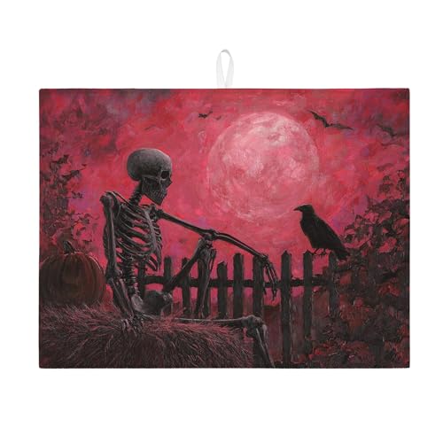 Halloween-Abtropfmatten für Küchentheke, gruseliges Skelett und Raben-Design, saugfähiges Abtropfgestell, Herbst-Mikrofaser-Pad für Dekoration, 45,7 x 61 cm Halloween-Abtropfmatten für Küchentheke, gruseliges Skelett und Raben-Design, saugfähiges Abtropfgestell, Herbst-Mikrofaser-Pad für Dekoration, 45,7 x 61 cm von Generic