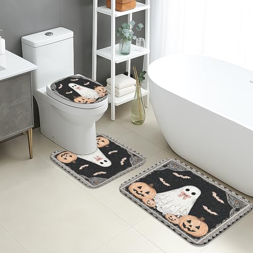 Halloween-Badematten-Set, 3-teilig, Geister-Kürbis-Muster, saugfähig, rutschfest, WC-Vorleger, U-förmig, waschbar, gruselige Fledermaus, schnell trocknend, Flanell-Badezimmerteppich-Set Halloween-Badematten-Set, 3-teilig, Geister-Kürbis-Muster, saugfähig, rutschfest, WC-Vorleger, U-förmig, waschbar, gruselige Fledermaus, schnell trocknend, Flanell-Badezimmerteppich-Set von Generic