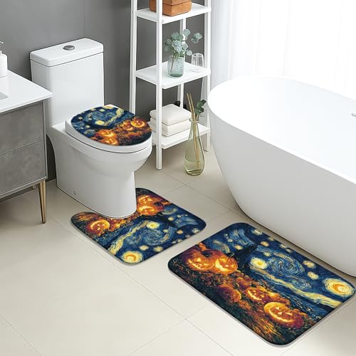 Halloween-Badematten-Set, 3-teilig, Kürbis-Sternennacht, saugfähig, rutschfest, U-förmig, waschbar, Herbstblumen, schnell trocknend, Memory-Schaum, Badezimmerteppich-Set von Generic