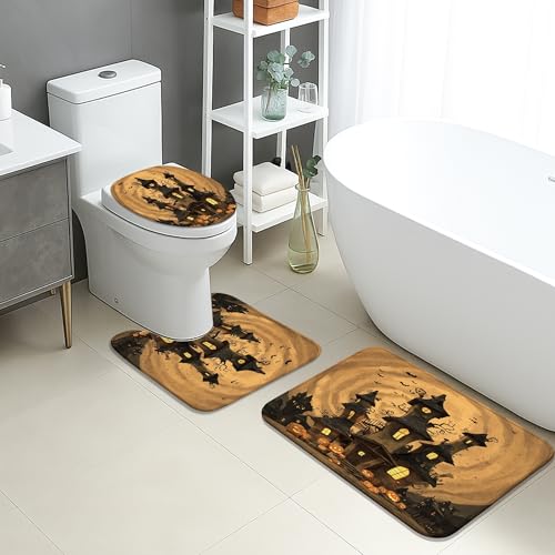 Halloween-Badematten-Set, 3-teilig, Spukhaus, Fledermäuse, Kürbis, saugfähig, rutschfest, WC-Vorleger, U-förmig, waschbar, Herbst, schnell trocknend, Flanell-Teppich-Set Halloween-Badematten-Set, 3-teilig, Spukhaus, Fledermäuse, Kürbis, saugfähig, rutschfest, WC-Vorleger, U-förmig, waschbar, Herbst, schnell trocknend, Flanell-Teppich-Set von Generic