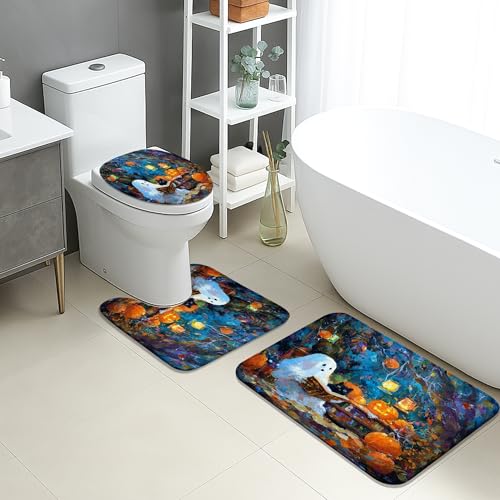 Halloween-Badematten-Set, 3-teilig, bunte Eule und Kürbis, saugfähig, rutschfest, U-förmig, waschbar, Herbstblumen, schnell trocknend, Flanell-Badezimmerteppich-Set von Generic