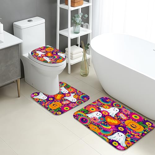 Halloween-Badematten-Set, 3-teilig, bunte Geister, Blumenmuster, saugfähig, rutschfest, U-förmig, waschbar, lustig, lebendig, schnell trocknend, Flanell-Badezimmerteppich-Set von Generic
