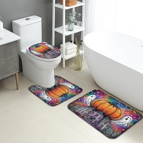 Halloween-Badematten-Set, 3-teilig, bunte Kürbis-Geister, saugfähig, rutschfest, U-förmig, waschbar, festlich, schnell trocknend, Memory-Schaum, Badezimmerteppich-Set von Generic