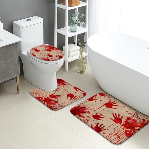 Halloween-Badematten-Set, 3-teilig, gruselige Handabdrücke, saugfähig, rutschfest, WC-Vorleger, U-förmig, waschbar, gruseliger Blutspritzer, schnell trocknend, Memory-Schaum, Badezimmerteppich-Set von Generic