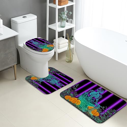 Halloween-Badematten-Set, 3-teilig, gruseliges Skelett und Kürbis, rutschfest, U-förmig, waschbar, bunt, schnell trocknend, Flanell-Badezimmerteppich-Set von Generic
