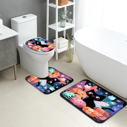 Halloween-Badematten-Set, 3-teilig, niedliche Katze und Kürbis, bunt, saugfähig, rutschfest, U-förmig, waschbar, lustig, schnell trocknend, Memory-Schaum, Badezimmerteppich-Set von Generic